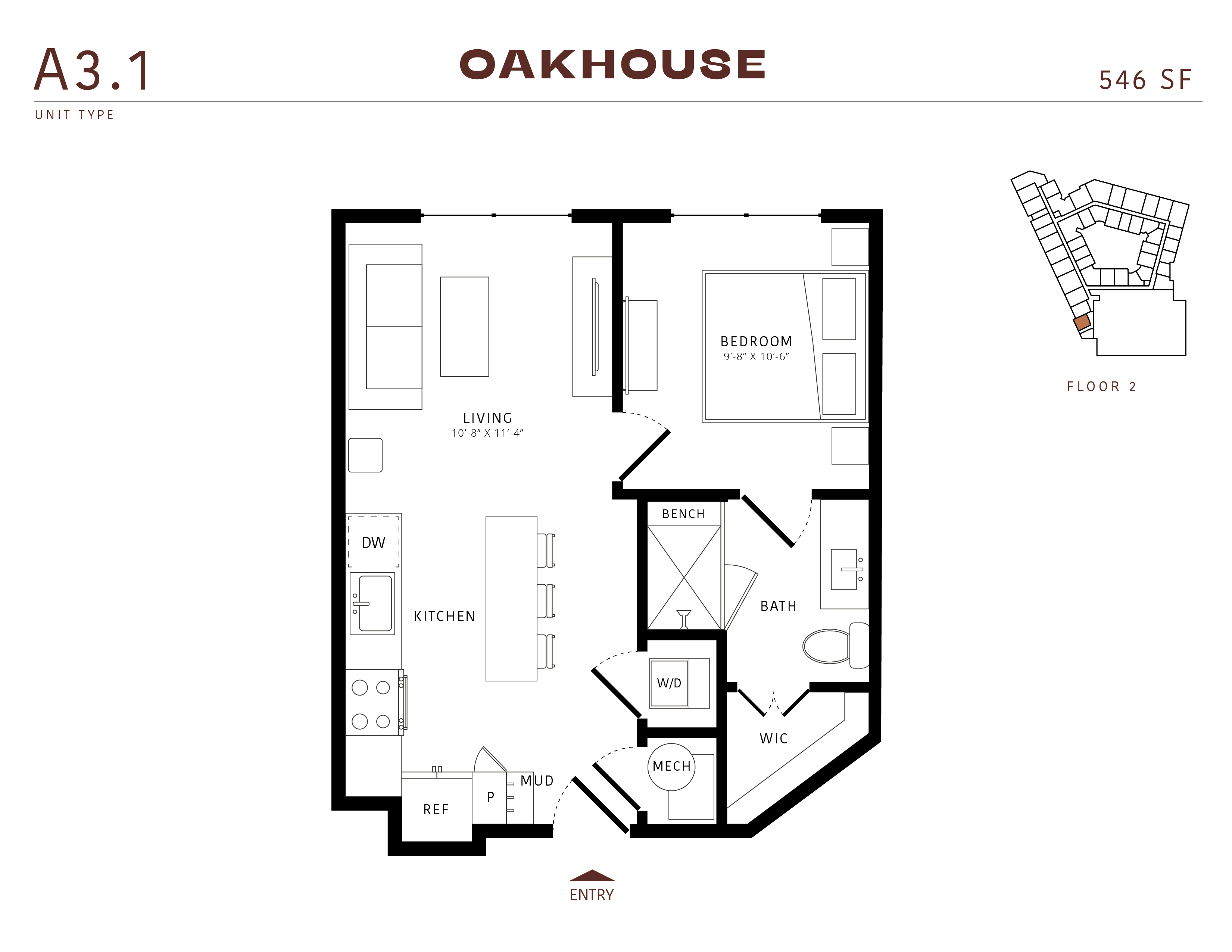 Floor plan for 1 bed, 1 bath, 546 sqft